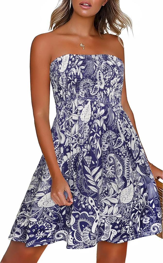 CHICGAL Summer Dresses for Women Beach Cover Ups Strapless Boho Floral Print Sundress (Large, Amoeba Navy Blue)