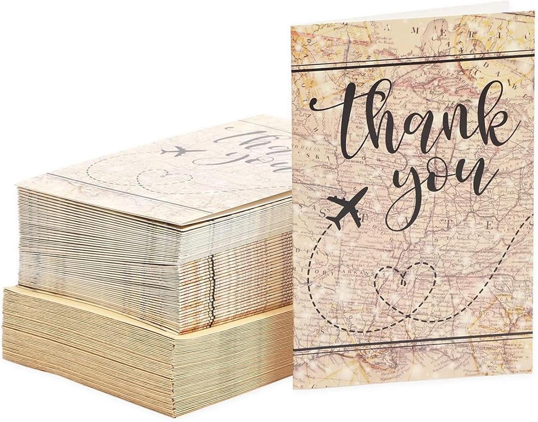 48 Pack Travel Thank You Cards with Envelopes, 4x6 Notecards with Airplane, Map, and Adventure Design (Brown) - Airplane Thank You Cards
