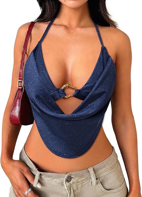 Women's Sexy Halter Going Out Top Open Back Deep V Neck Sleeveless Vest Tank Tops Party Club Night Out Tops, Size: M