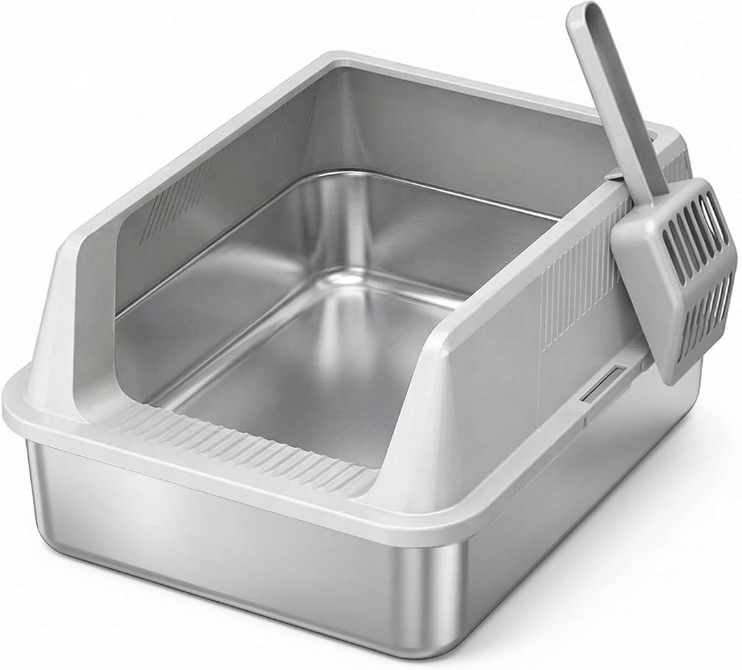 Lifewit Stainless Steel Litter Box for Kitty, Small Metal Cat Litter Tray with Non-Slip Pads, Anti-Leakage Top Entry and High Sided, Easy to Clean, 17.7" L13.8" W8.3" H, Gray