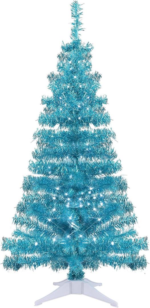 Juegoal 4 FT Pre-lit Artificial Christmas Tree, Lighted Green Tinsel Pencil Pine Spruce Trees with 70 Warm White LED Lights, 8 Lighting Mode & Timer Function for Xmas Holiday Winter Home Party Decor