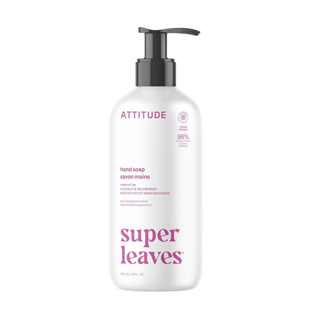 ATTITUDE Liquid Hand Soap, EWG Verified, Plant and Mineral-Based, Vegan Personal Care Products, Coconut & Wild Berries Scent, 16 Fl Oz