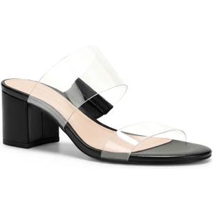 Coutgo Women's Clear Heeled Sandals Transparent Two Strap Chunky Block Heels Mules Open Toe Slip On Dress Shoes