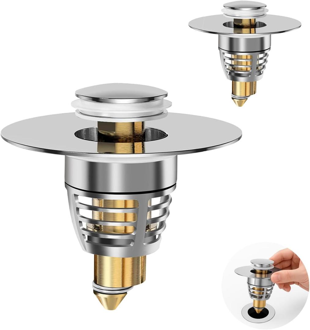 (2-Pack) Universal Bathroom Sink Stopper with Anti-Clog Basket Filter, Fit for 1.1"-1.6" Drain Holes, Sink Pop Up Stopper, Washbasin Drain Stopper, Tool-Free Installation