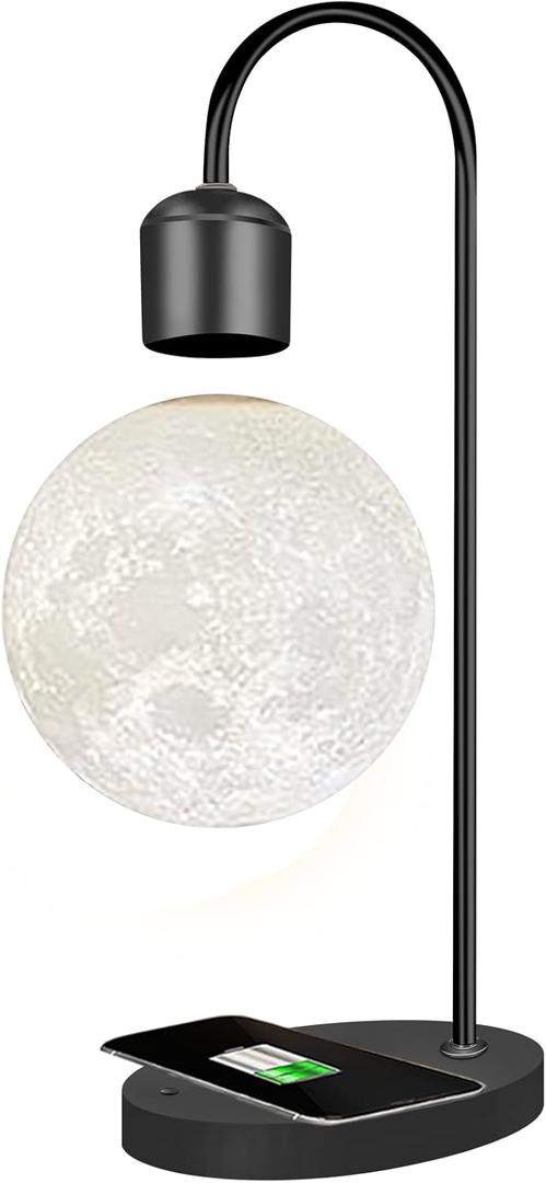Magnetic Levitating Moon Lamp Levitation Plastic Black Table LED Night Light Zero-Gravity Floating Desk Toys for Decoration Gifts Present with Phone Wireless Charging Pad