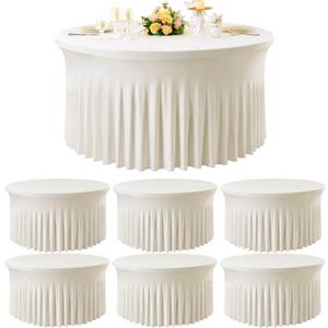 6 Pack Ivory Spandex Round Tablecloths for 60 inch Table, Wrinkle Free 120inch Stretchy Fitted 5FT Round Table Cloths Cover with Skirt for Wedding Party Dining Banquet