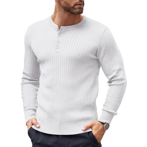 COOFANDY Mens Knit Henley Sweater Long Sleeve Button Down Lightweight Sweater Fall Slim Fit Ribbed Pullover (White)