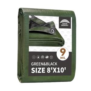RAINDEWAY Tarps 8x10 Feet,Tarp Waterproof,9Mil Thick,Finished Size,Multipurpose Poly Tarp Cover with Metal Grommets and Reinforced Edges,Green/Black Tarpaulin