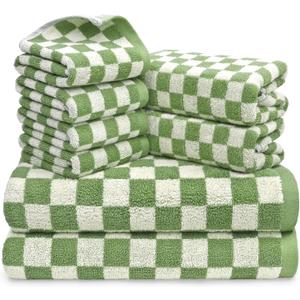Jacquotha Green Checkered Towels Set of 8, Cotton Towels for Bathroom, 2 Bath, 2 Hand, 4 Washcloths, Soft Absorbent Quick Dry Gifts