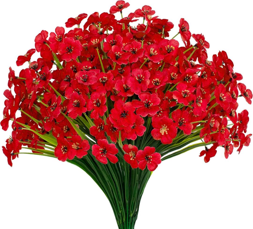 15 Bundles Artificial Flowers UV Resistant Outdoor Plants No Fade Faux Plastic Shrubs Fake Silk Flowers Window Box Garden Porch Home Decoration(Red)