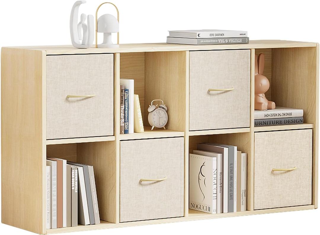 8 Cube Storage Organizer - Solid Wood Bookshelf with 4 Storage Bins, Cube Shelf with 2 Removable Back Panels, Vertical or Horizontal Bookcase, Open Book Shelf for Bedroom, Living Room, Office