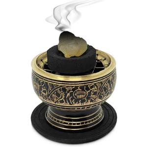 New Age Imports, Inc. India Small Decorated Brass Charcoal Screen Incense Burner with Wooden Coaster