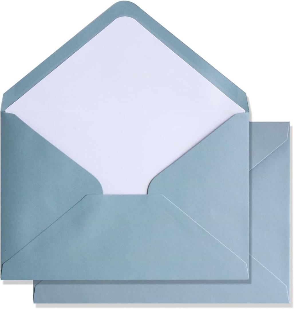 50PCS A7 Dusty Blue Envelopes with Adhesive Self-Sealing, 5.3 x 7.6 inches, Perfect for 5''x7'' Weddings Invitation, Quinceanera Invite Envelope (Pearl White Liner + Dusty Blue)