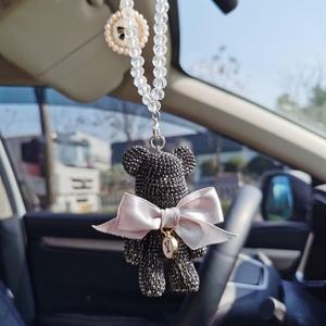 Cute Bling Bear Rear View Mirror Hanging Accessories Sparkle Hanging Ornaments Diamond Bear Charms for Car Mirror (Black)