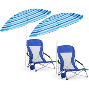 Huwena 2 Pack Beach Chairs with Umbrella for Adults, Low Folding Chair Set, Adjustable Detachable Umbrella, Lightweight Portable with Cup Holder & Carry Bag, for Beach Camping Travel(Dark Blue), 22 X 21 X 28 Inches