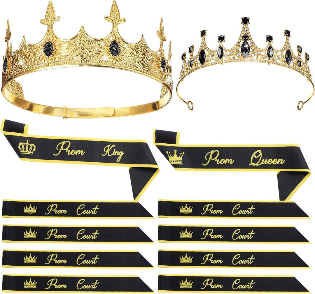 12 Pcs Prom King Queen Crowns Set with Sashes Prom Court Crown Tiara Sash for 2025 Graduation Party Cosplay (Black)