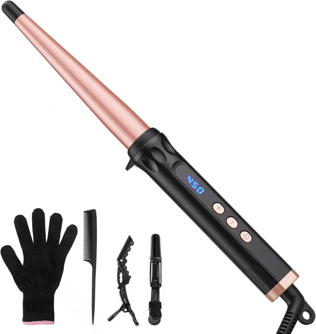 Tapered Curling Wand Iron 0.5 to 1 Inch with Tourmaline Ceramic Long Barrel, Hair Curler for Long Short Medium Hair, Dual Voltage for Travel, Adjustable Temperature, Auto Shut-Off with Glove