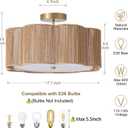 17.7" Rattan Flush Mount Ceiling Light, 3-Light Boho Close to Ceiling Light Fixtures, Rattan Bedroom Ceiling Light, Farmhouse Large Drum Chandelier for Dining Room, Kitchen, Hallway(Yellow)