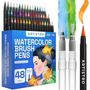 ARTISTRO 48 Watercolor Brush Pens  Gift for Artists, Adults & Teens  Includes 2 Water Brush Pens  Unique Vivid Colors, Real Calligraphy Pen  Ideal for Illustrations & Watercolor Effects