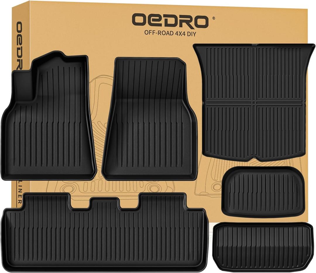 OEDRO Floor Mats for Tesla Model Y 5-Seater 2025 2024-2020 Custom Fit All Weather TPE Automotive Interior Cargo Liners Trunk Mats Accessories for Model Y (NOT for Model Y Juniper) 6 Pcs Mats Set