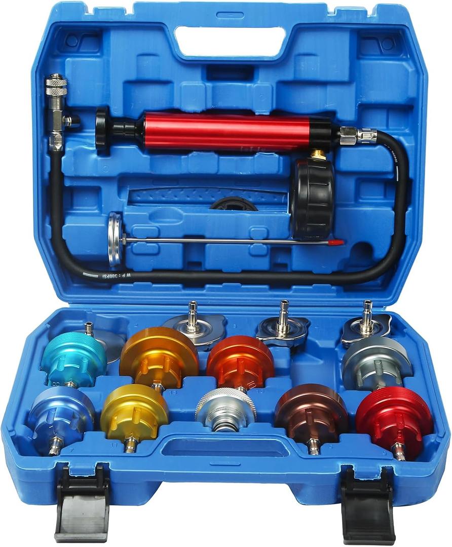 Radiator Pressure Tester Kit, Coolant Pressure Tester and Vacuum Refill Kit for Automotive Cooling System Water Tank Leakage Detection (Aluminum Alloy 15PCS)