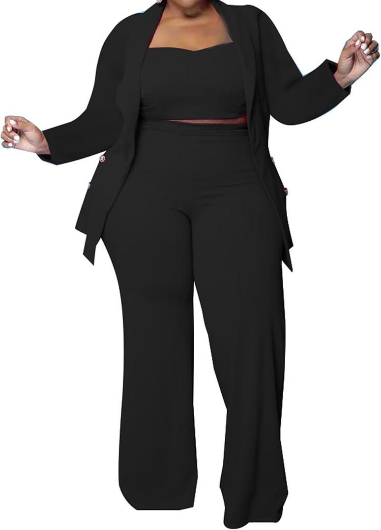 Plus Size 3 Piece Sweatsuits for Women - Crop Top Blazer Jacket and Wide Leg Long Pant Suits Jumpsuit Romper Set Black 3X