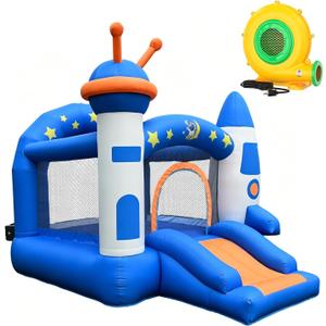Bounce House, Kid Inflatable Bounce House with Slide, Space Rocket Themed Bouncy Castle for Kids 3-6, 370W for Indoor & Outdoor Play, Backyard Birthday Party with Basketball Hoop, Small-2026