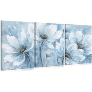 Yidepot Magnolia Flower Picture Wall Decor: Blue And White Flower Canvas Wall Art for Bedroom Floral Painting Frame Ready to Hang (12"x16"x3 Panels)