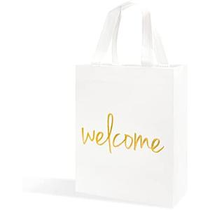 Crisky Reusable White Gold Welcome Gift Bags for Wedding Birthday Parties, 50 Counts Medium Size Eco-Friendly Non-Woven for Guests, 11 x4 x9 Inches