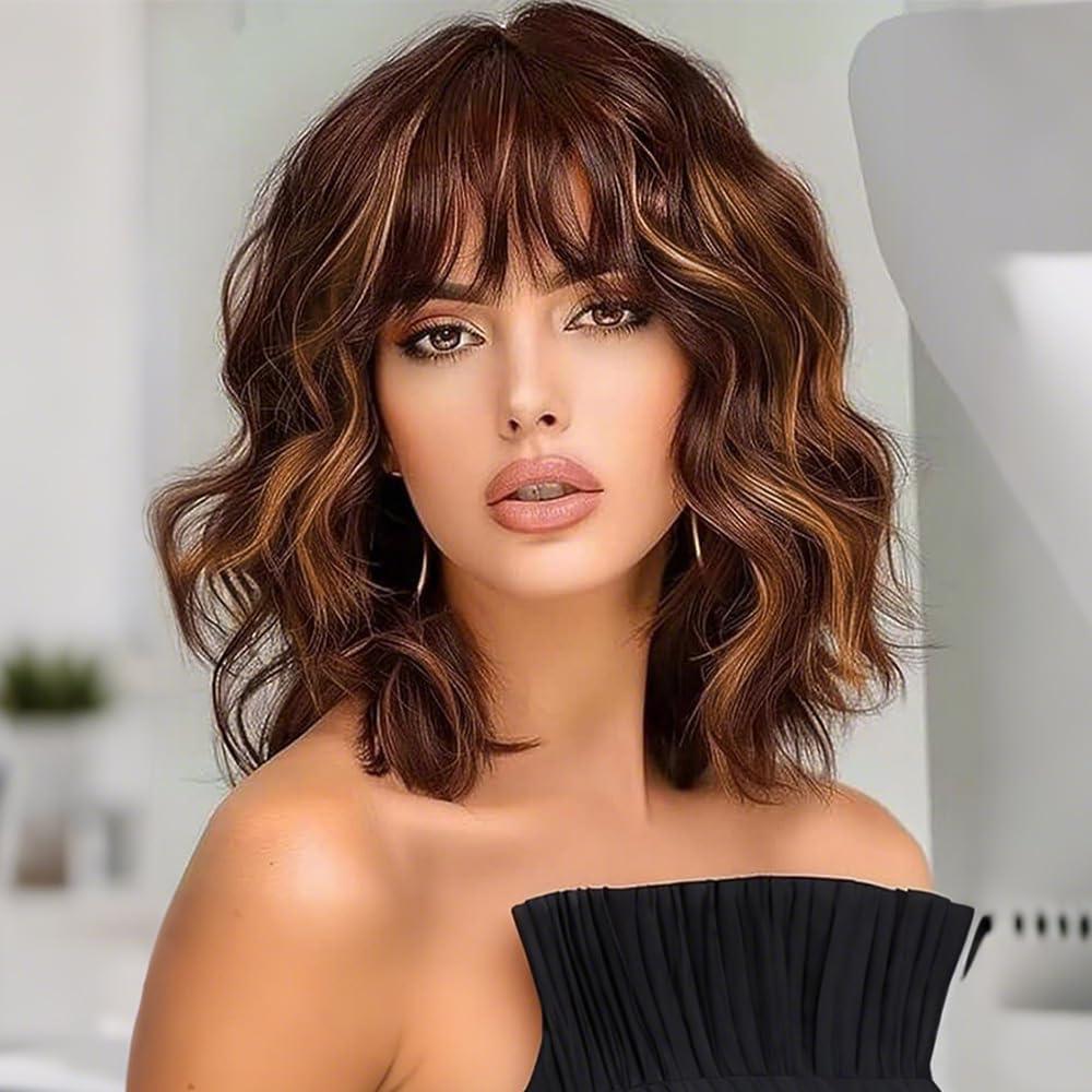 Short Bob Wavy Wig with Bangs for Women Loose Curly Wig Look natural Shoulder Length Bob Wigs (H33-30)