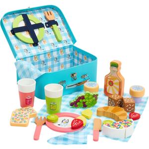 8th Wonder Wooden Bluey Toys Picnic Carrying Case, 30-Piece Picnic Basket Toy with Cutlery and Food Accessories, Outdoor Food Toys for Kids of Ages 3+