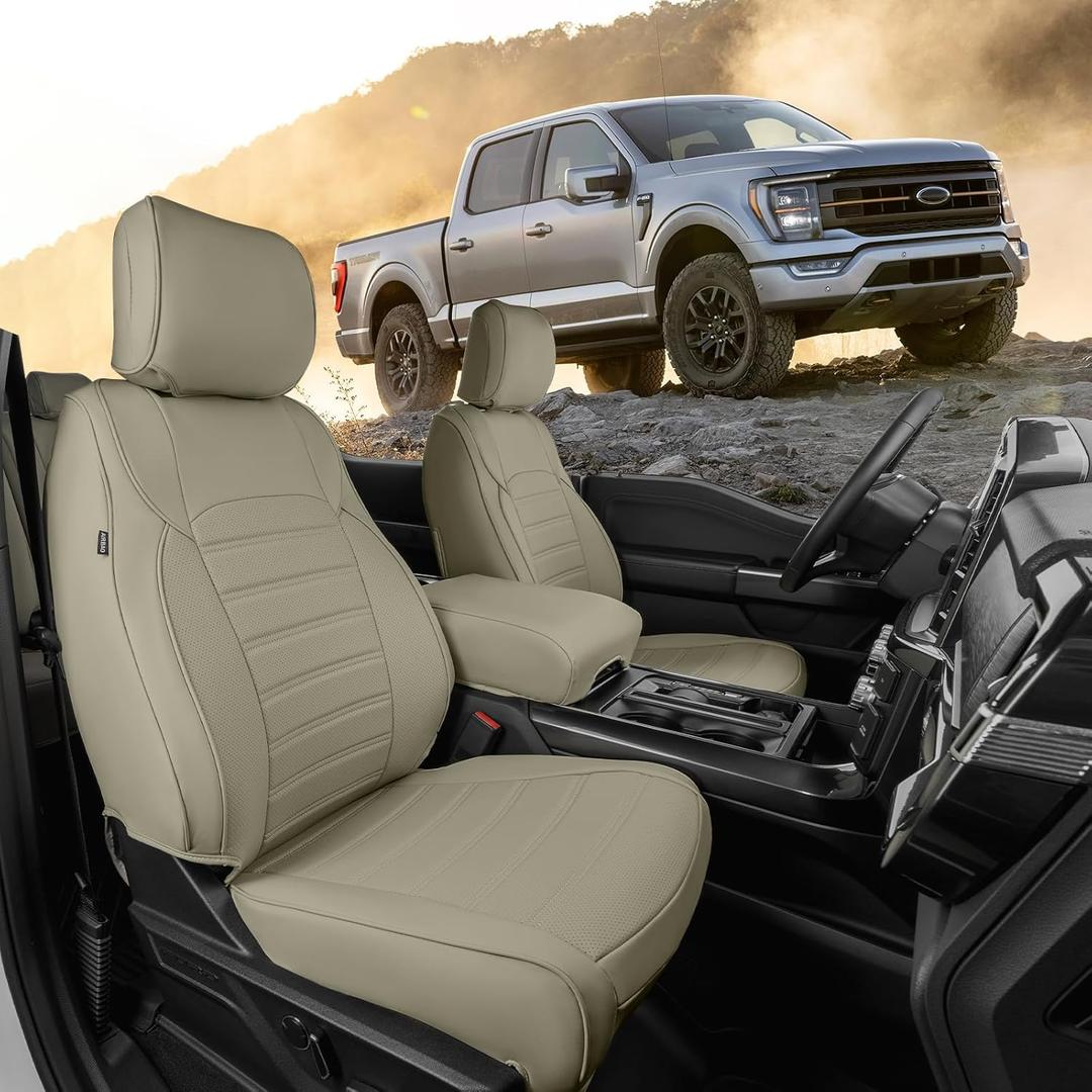 Super Cover for Ford F150 Seat Covers, Full Covered for 2015-2025 Waterproof Leather Seat Covers,for F150 Truck Accessories 2022 2023 2024 2025,Only Fit 1st Row Bucket Seat SuperCrew (XL,XLT), Beige