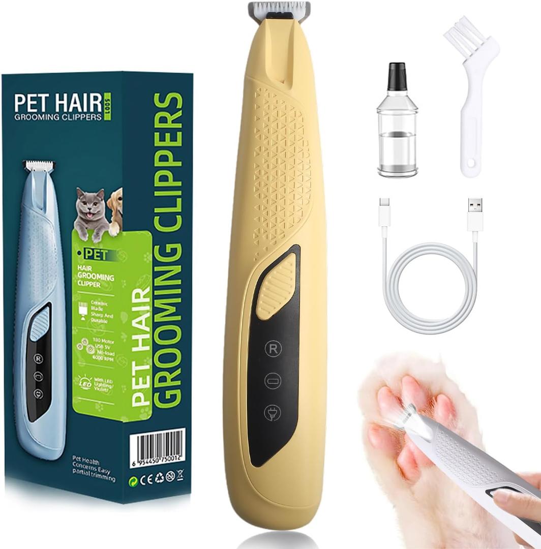 Dog Paw Trimmer with LED Light,Dog Grooming Kit & Pet Micro Precision Trimmer,Safety Electric Clipper,18 mm Widen Blade,35dB Low Noise,Cordless Hair Trimmer for Paws, Ears, Face, Rump (Yellow)