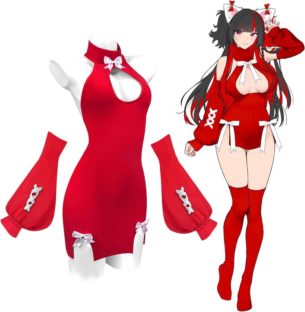 KORURACLUB Hollow Out Dress Sweater Costume premium sweater cosplay lingerie Mini Dress Sexy Lingerie (Red)