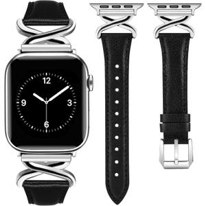 JR.DM Leather Bands Women Compatible with Apple Watch 40mm 38mm 44mm 45mm 41mm 42mm 46mm 49mm Dressy Slim Fancy Strap with X-Shaped Metal Crown for iWatch Series Ultra/SE/11/10/9/8/7/6/5/4/3/2/1 Black