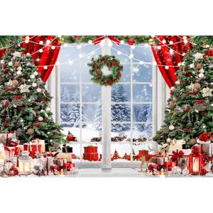 LYCGS 15X10ft Christmas Backdrop Winter Snow Scene Backdrop for Photography Christmas Window Background Xmas Tree & Party Decoration Banner X-171