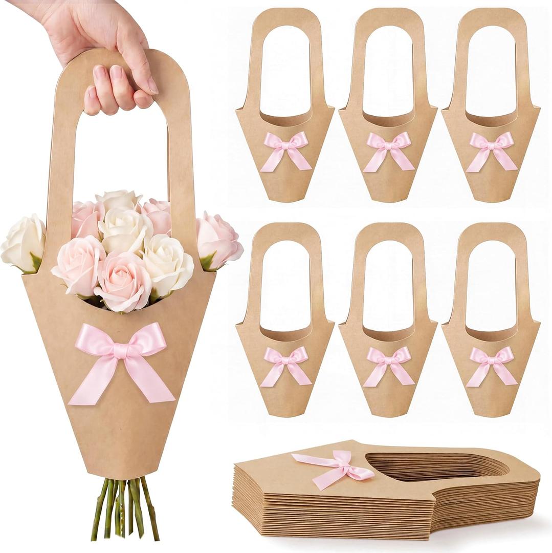 Mooliwe 20 Pcs Wedding Flower Bouquet Holder with Bow Flower Paper Gift Bags with Handles Kraft Packaging Wrap Bags for Florist Wedding Birthday Baby Shower Small Business Party Decor