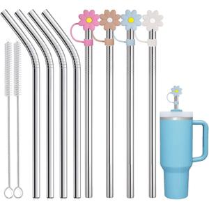 8 PCS Stainless Steel Straw compatible with Stanley 40oz Adveture Quencher Tumbler, 12 inch Replacement Straw with 8 PCS Flower Straw Cover, Metal Straw compatible with Stanley 30oz (Cream, Pink, Blue, Brown)