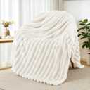 Exclusivo Mezcla Fleece Throw Blanket for Couch, Super Soft Striped Jacquard Bed Blanket, Lightweight Fuzzy Cozy for All Seasons, 50x60 Inches, Ivory