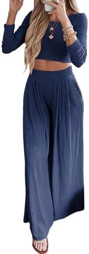 BTFBM Women's Two Piece Lounge Set Long Sleeve Bodycon Ribbed Knit Crop Top Loose Wide Leg Pant Casual Outfits Sweatsuit,  Extra Large