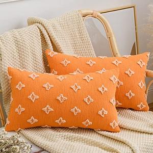 vctops Set of 2 Boho Tufted Cotton Decorative Throw Pillow Covers Super Soft Comfy Pillowcase Cushion Case for Couch Sofa Bed Car (Orange, 12"x20")
