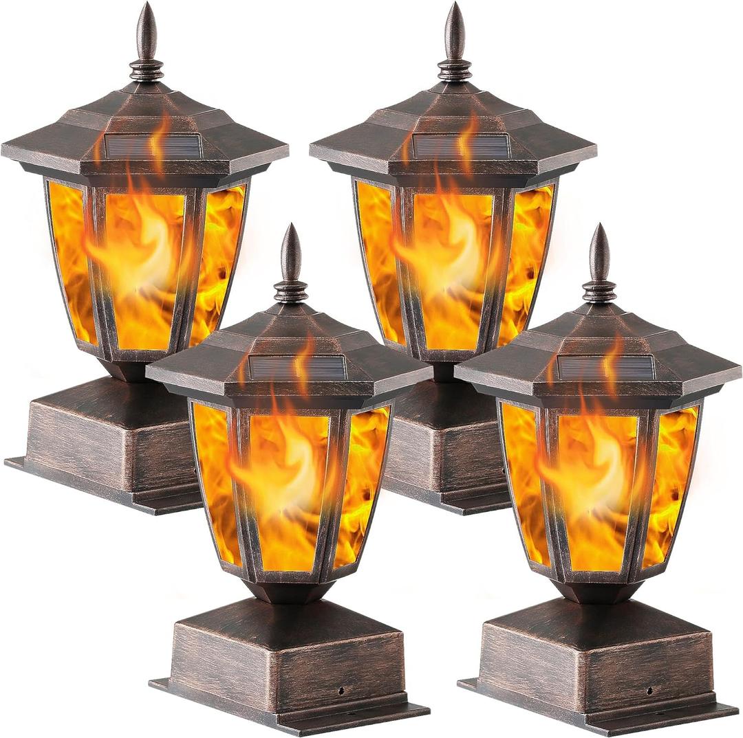 Dynaming 4 Pack Solar Flame Post Lights Outdoor, Solar Powered Lamps Fence Post Cap Lights, Flickering Flame LED Lantern Waterproof for Garden Deck Patio, Fit 4x4, 5x5 or 6x6 Wooden Posts, Bronze