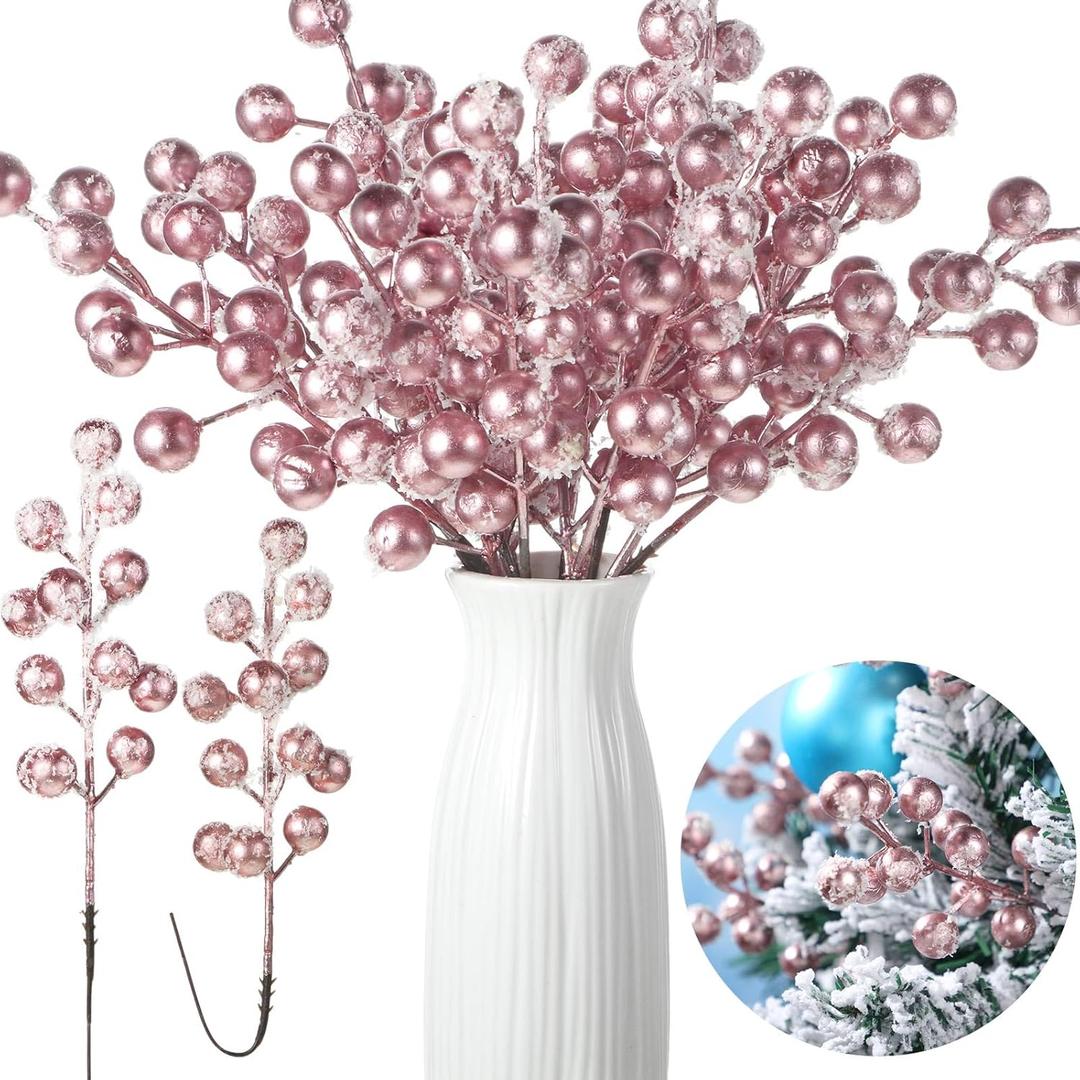 Censen 36 Packs Snow Frosted Artificial Berry Stems 8 Inch Snowy Christmas Red Spray Picks Holly Berry Branches for Christmas Tree Decoration Holiday DIY Crafts Ornaments Home Decor (Rose Gold)