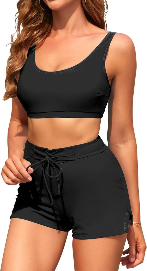 High Waisted Bikini Sets with Shorts Two Piece Swimsuits Full Coverage Bathing Suit Tummy Control Tankini (Medium, Solid Black Bathing Suit)