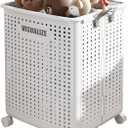 Multi-functional collapsible dirty clothes hamper with wheels plastic laundry hamper for bedroom, bathroom and laundry room, storage basket with handle (White, Extra Large with Pulley)
