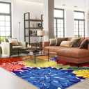 Colorful 9x12 Outdoor Area Rug Washable Multicolored Patio Rug Tropical Botanical Floral Chenille Waterproof Outdoor Carpet Non-Slip for Deck, Backyard, Porch, Rainbow