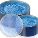 Rubtlamp 100Pcs Blue Gold Plastic Plates, Blue Disposable Plates With Gold Rim, Hammered Plastic Plates Include 50 Dessert Platos, 50 Dinner Platos for Party