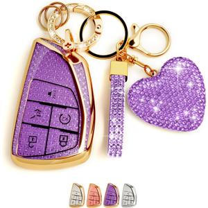 5 Button Key Fob Cover with Diamond, Compatible with GMC Yukon Denali Sierra 2021-2025~, Fit for Chevy Silverado Suburban Tahoe Buick, Sparkling TPU Key Case and Bling Heart for Women (Purple)