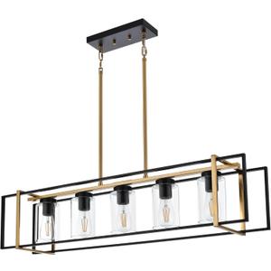 MELUCEE Large Pendant Lights Kitchen Island 5 Lights Dining Room Light Fixture Farmhouse Rectangular Chandelier Black and Brass Finish with Clear Glass Shade, Adjustable Height (41 Inches)