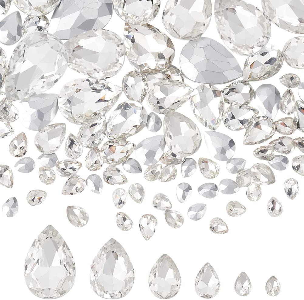 FINGERINSPIRE 94 Pcs Pointed Back Rhinestone 6 Sizes Glass Rhinestones Gems Clear Teardrop Crystal Beads Jewels Embelishments with Silver Plated Back Faceted Bead for Craft Decor Jewelry Making